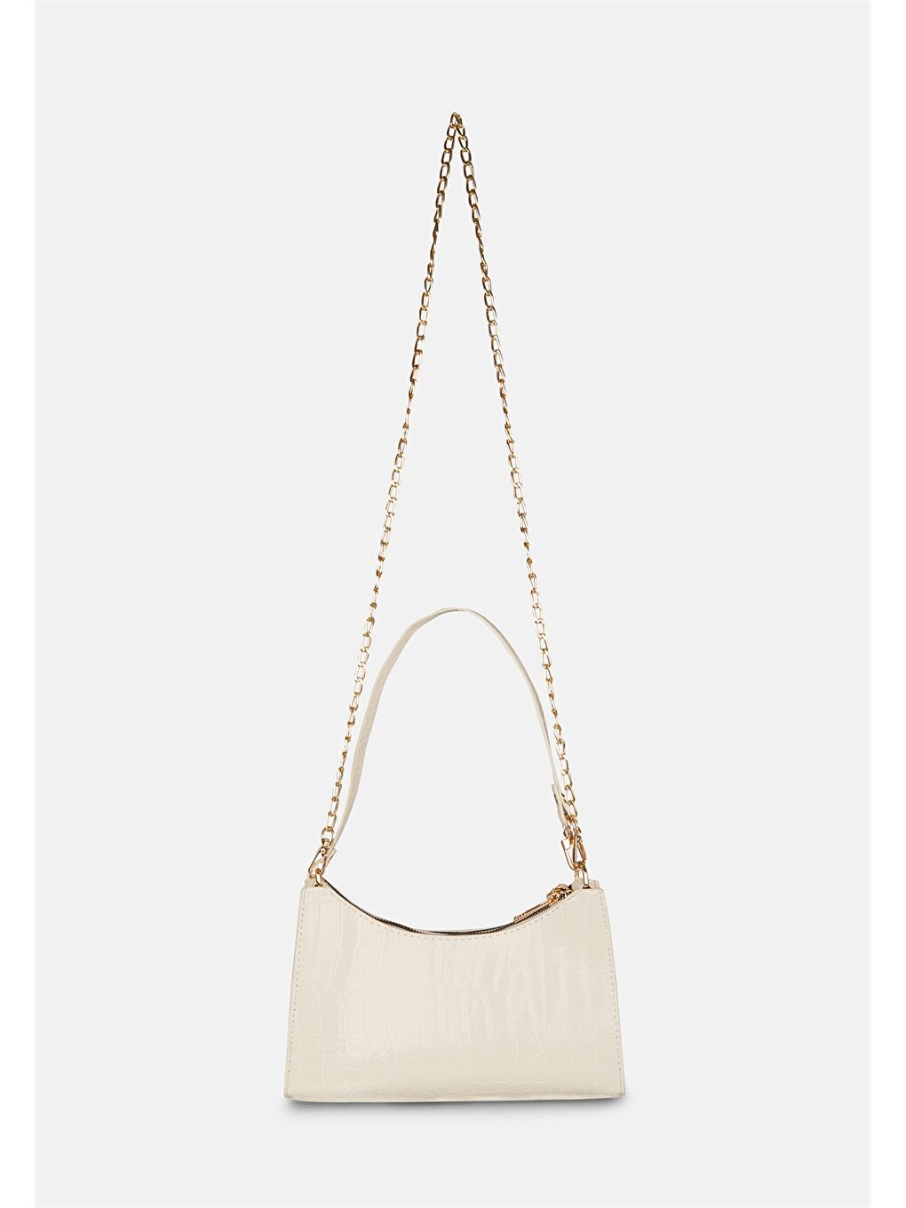 Ekru Deri Görünümlü Kroko Desenli Kadın Baget Çanta-3