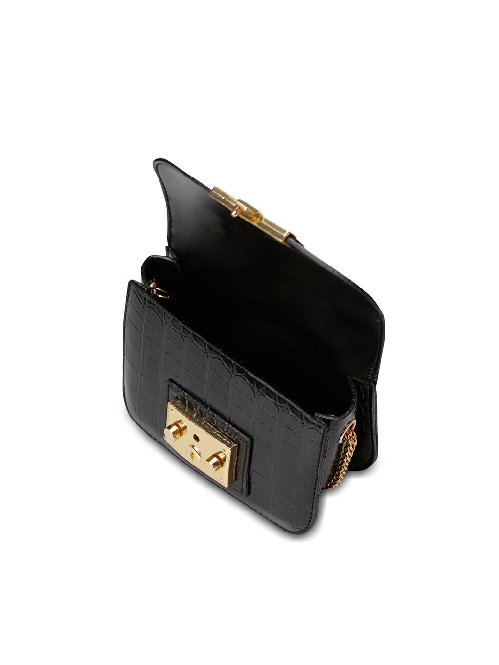Siyah Deri Görünümlü Kroko Desenli Kadın Çapraz Çanta-1