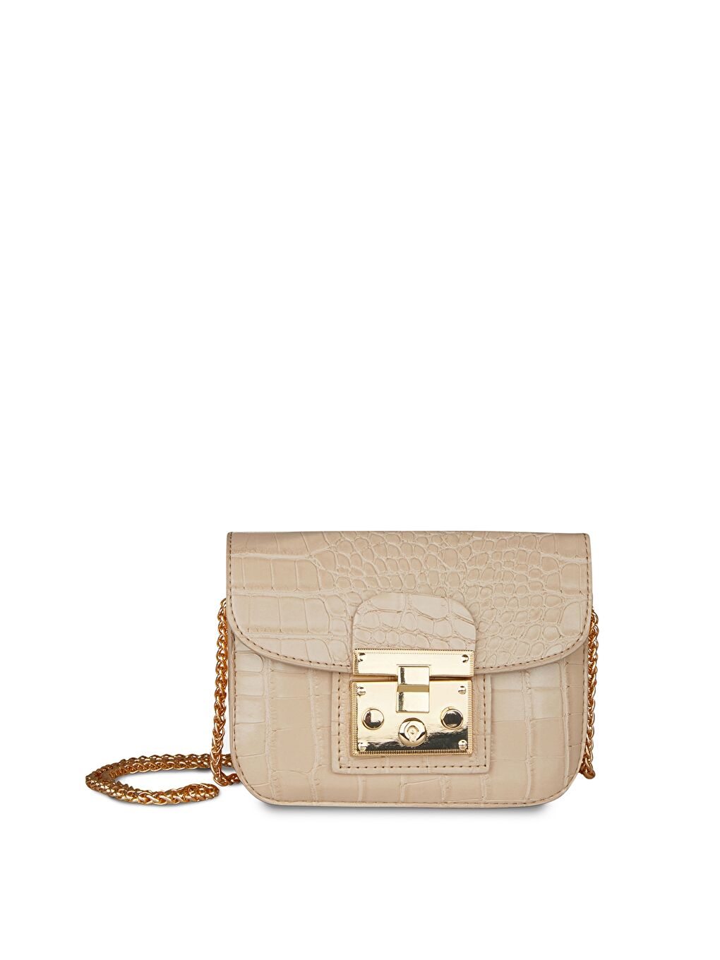 Bej Deri Görünümlü Kroko Desenli Kadın Çapraz Çanta