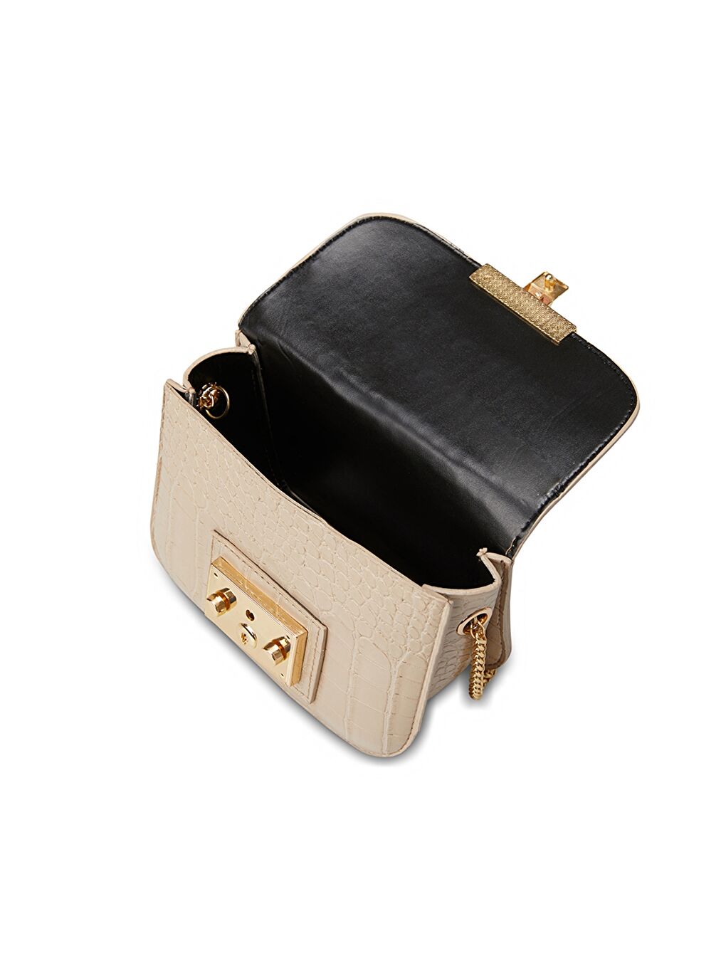 Bej Deri Görünümlü Kroko Desenli Kadın Çapraz Çanta-1