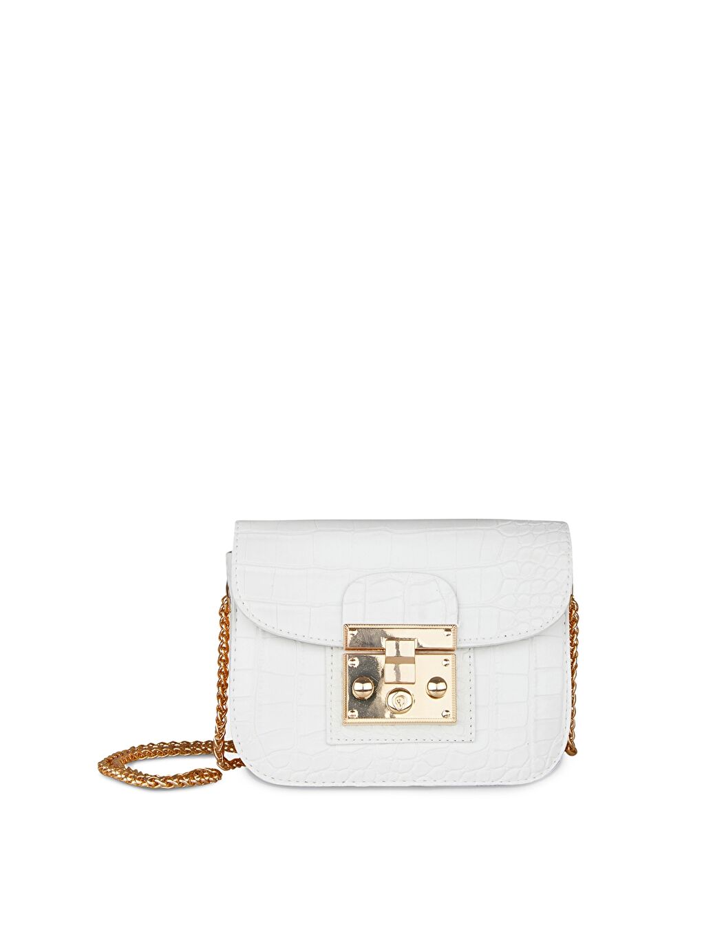 Beyaz Deri Görünümlü Kroko Desenli Kadın Çapraz Çanta