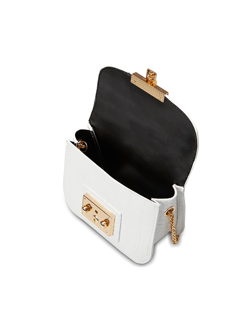 Beyaz Deri Görünümlü Kroko Desenli Kadın Çapraz Çanta-1