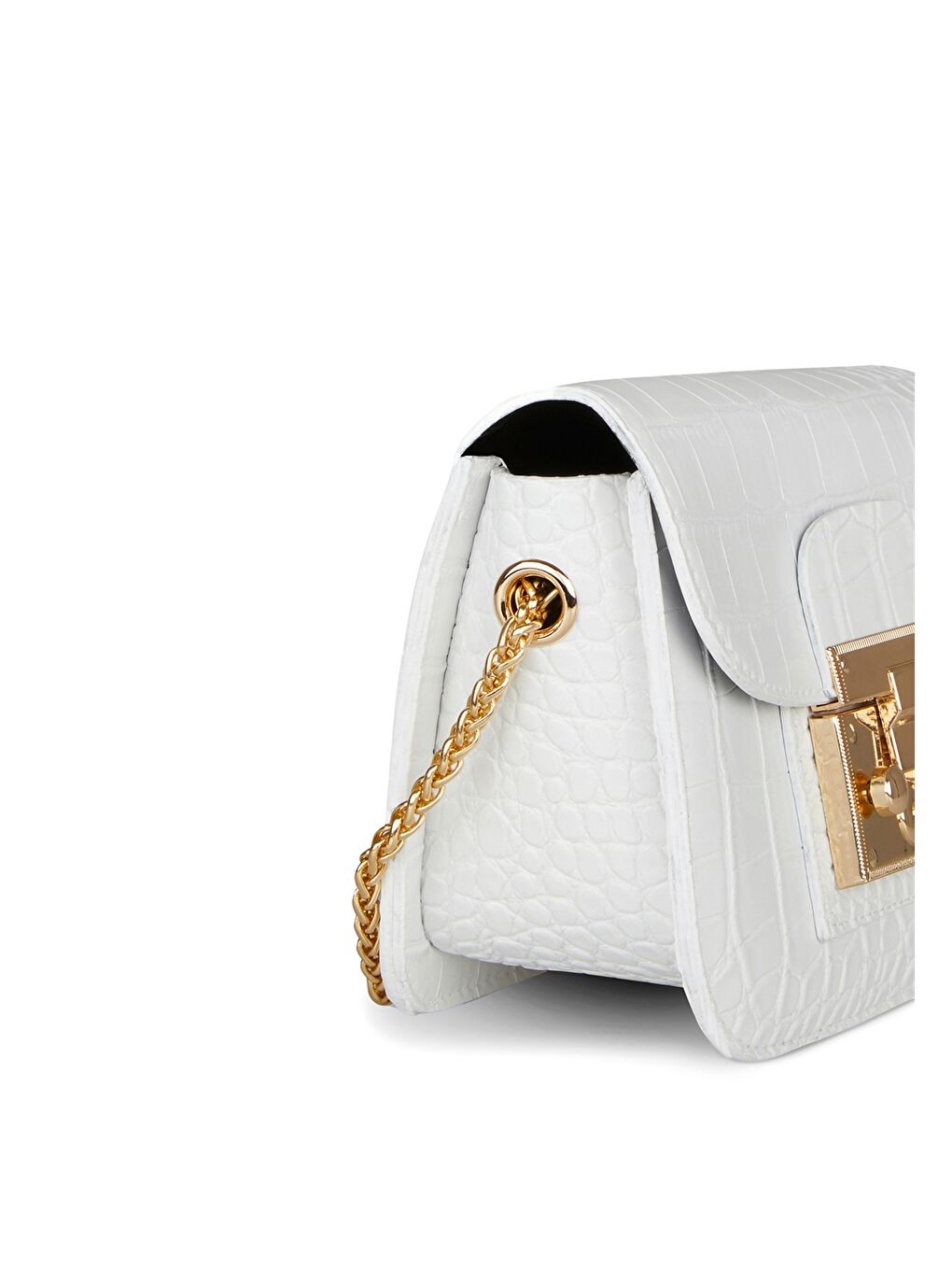 Beyaz Deri Görünümlü Kroko Desenli Kadın Çapraz Çanta-2