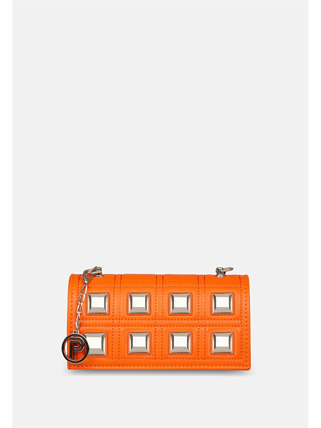 Turuncu Deri Görünümlü Metal Aplike Detaylı Kadın Çapraz Çanta