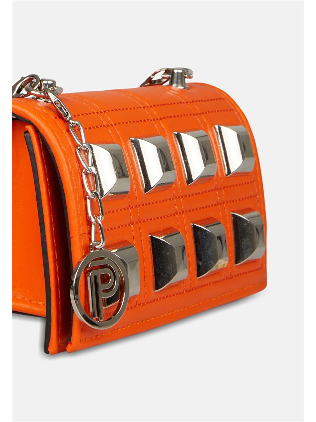 Turuncu Deri Görünümlü Metal Aplike Detaylı Kadın Çapraz Çanta-2