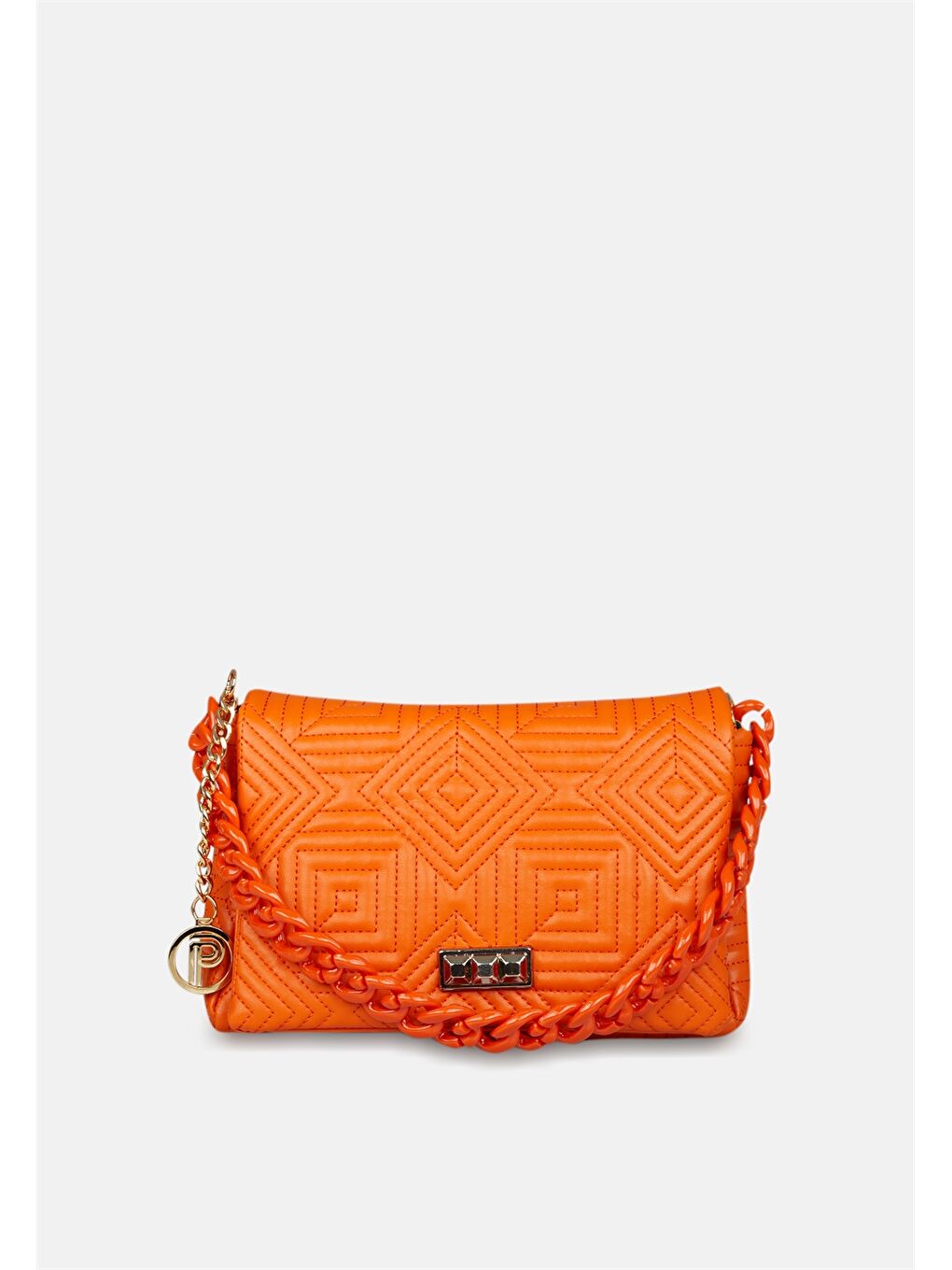 Turuncu Deri Görünümlü Zincir Detaylı Desenli Kadın Çapraz Çanta