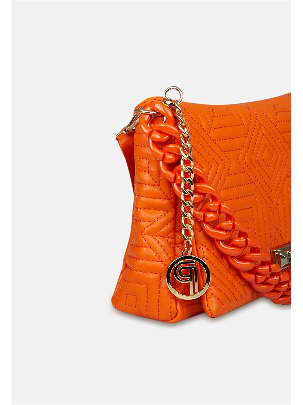 Turuncu Deri Görünümlü Zincir Detaylı Desenli Kadın Çapraz Çanta-2