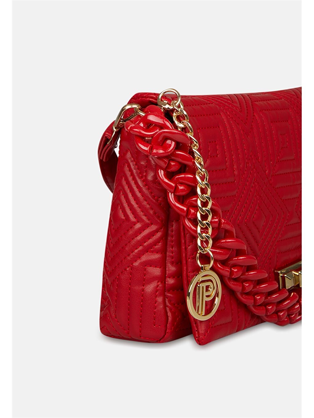 Kırmızı Deri Görünümlü Zincir Detaylı Desenli Kadın Çapraz Çanta-2