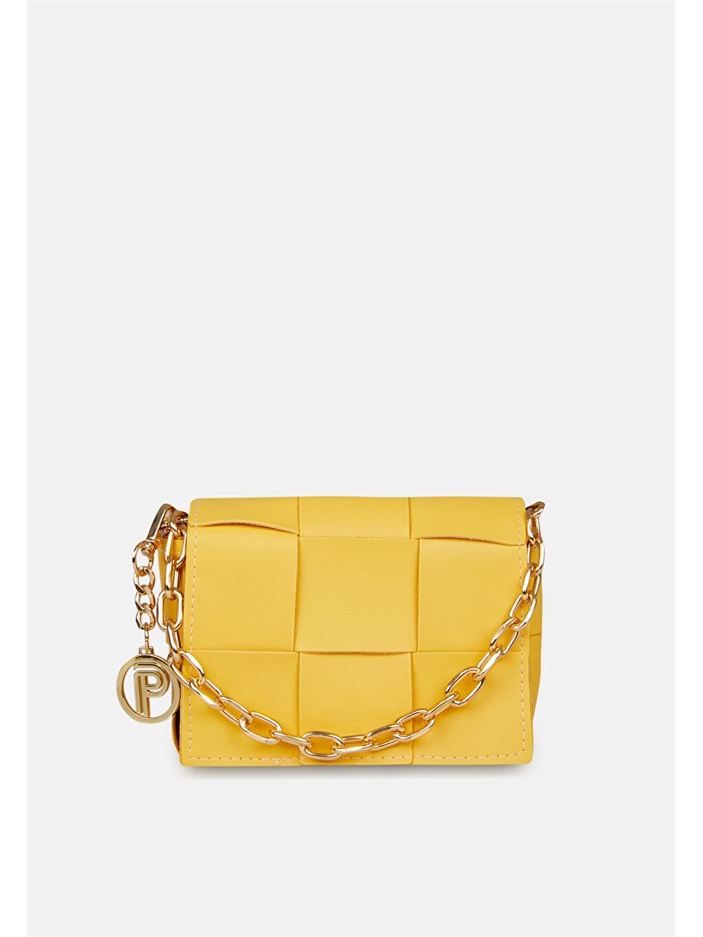 Sarı Deri Görünümlü Zincir Detaylı Kadın Çapraz Çanta