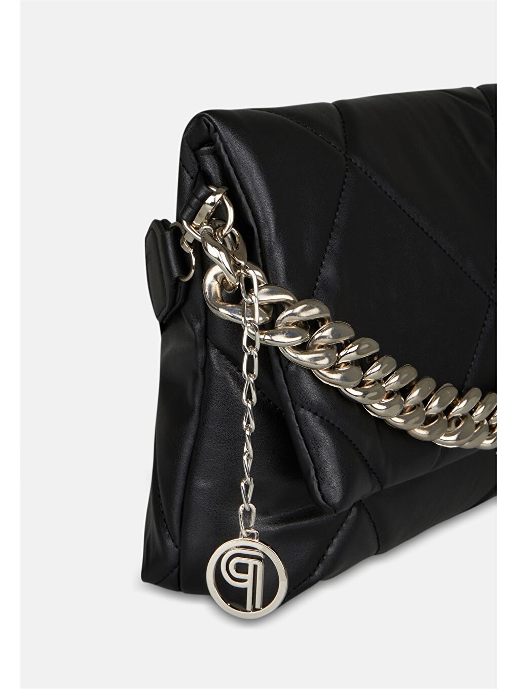 Siyah Deri Görünümlü Zincir Detaylı Kadın Omuz Çantası-2