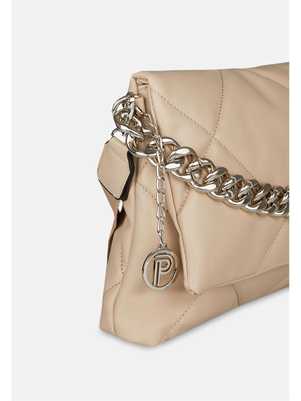 Bej Deri Görünümlü Zincir Detaylı Kadın Çapraz Çanta-2
