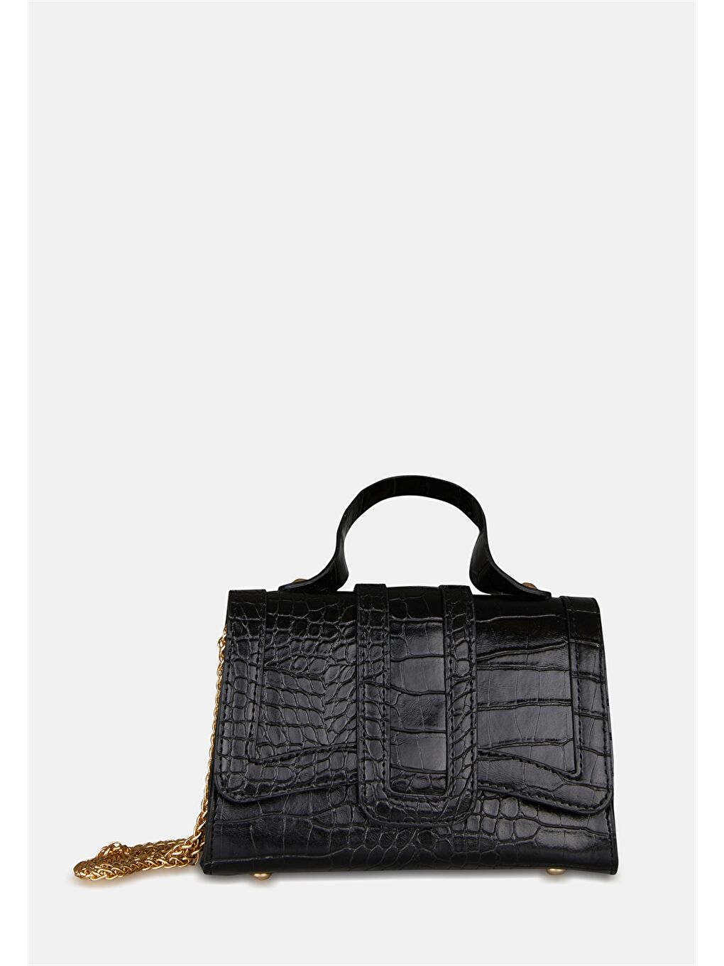 Siyah Deri Görünümlü Kroko Desenli Kadın Omuz Çantası