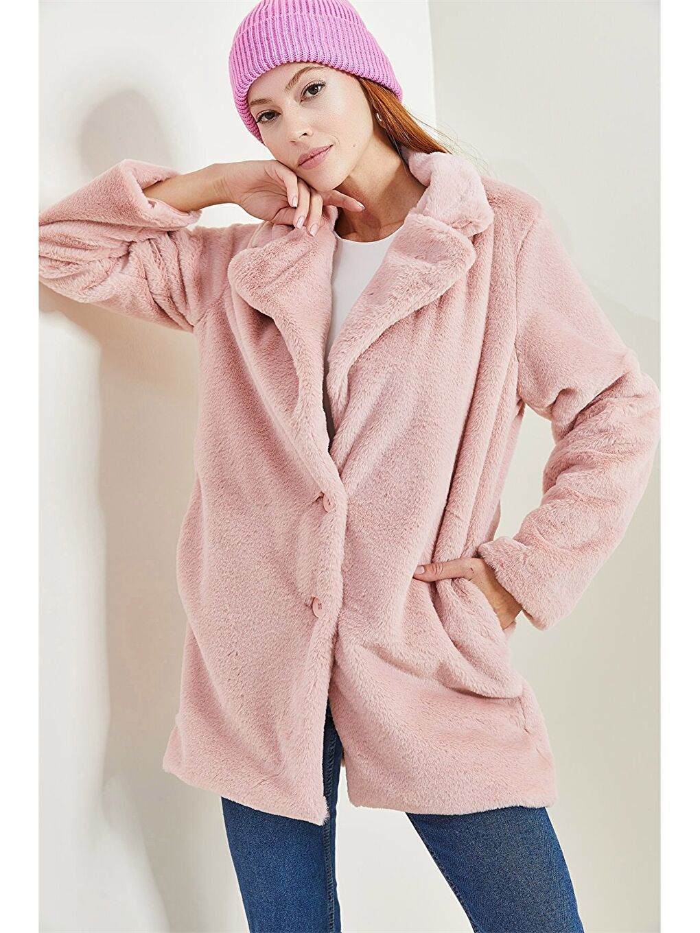 Pembe Ceket Yaka Düz Uzun Kollu Pelüş Oversize Kadın Kaban