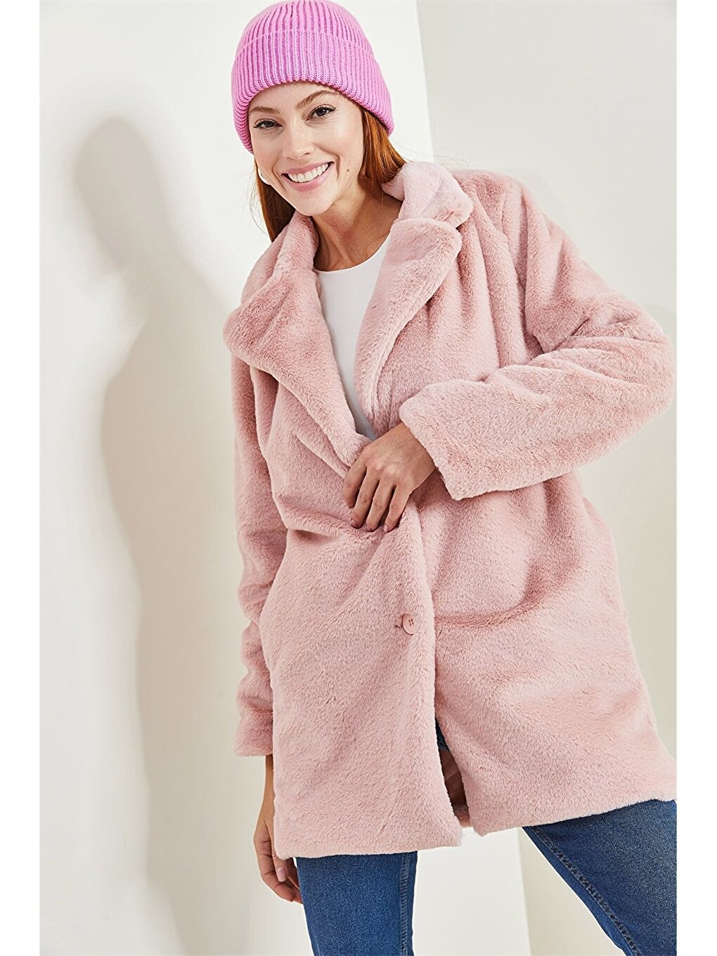 Pembe Ceket Yaka Düz Uzun Kollu Pelüş Oversize Kadın Kaban-2