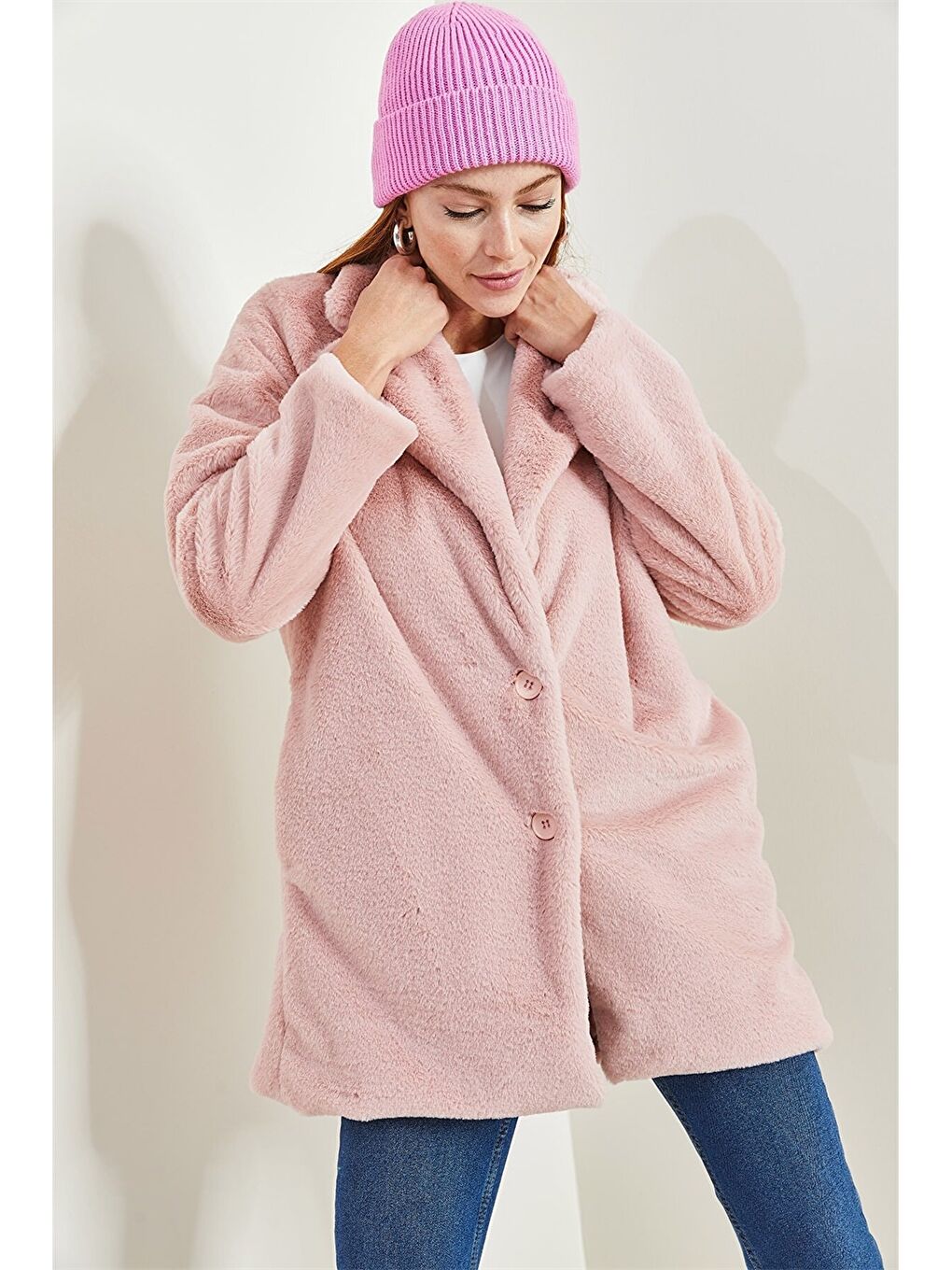Pembe Ceket Yaka Düz Uzun Kollu Pelüş Oversize Kadın Kaban-3
