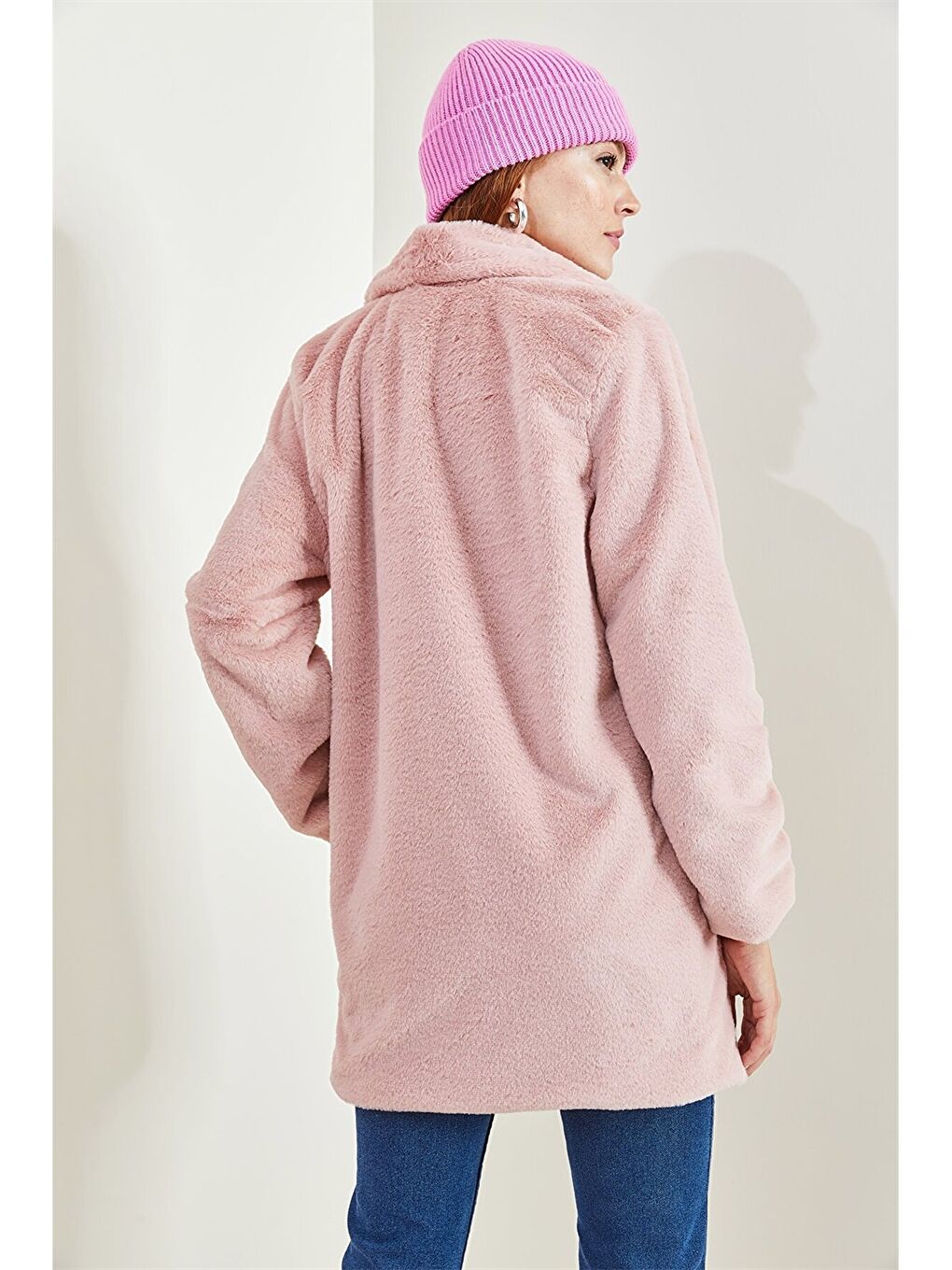 Pembe Ceket Yaka Düz Uzun Kollu Pelüş Oversize Kadın Kaban-4