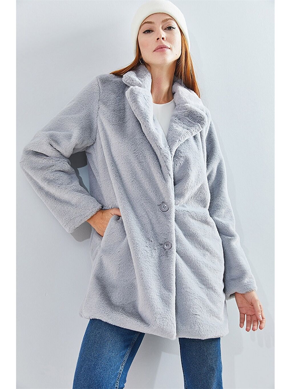 Gri Ceket Yaka Düz Uzun Kollu Pelüş Oversize Kadın Kaban