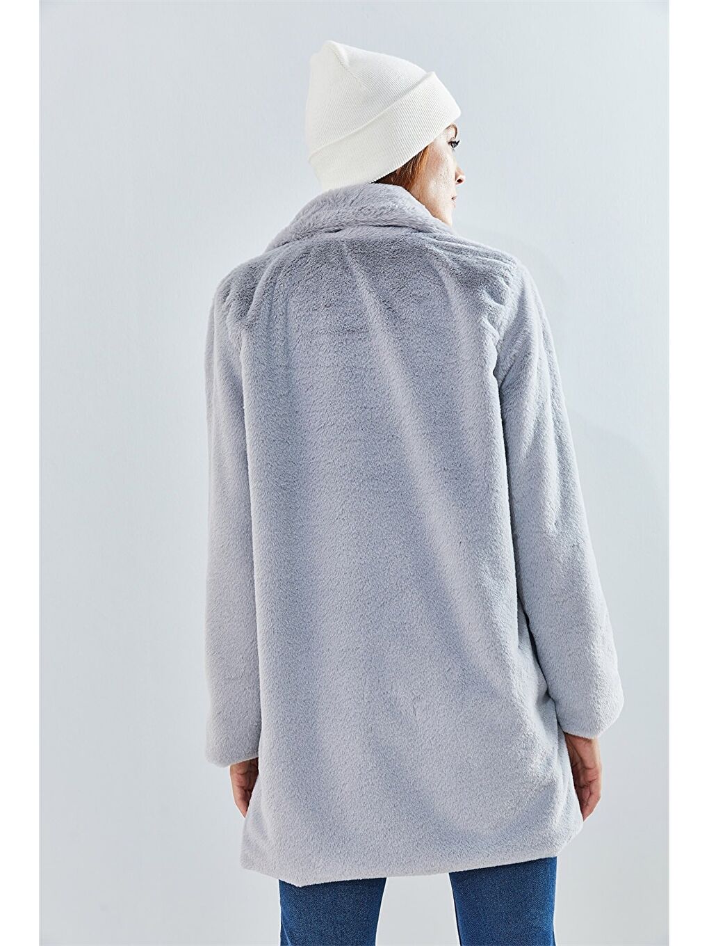 Gri Ceket Yaka Düz Uzun Kollu Pelüş Oversize Kadın Kaban-1