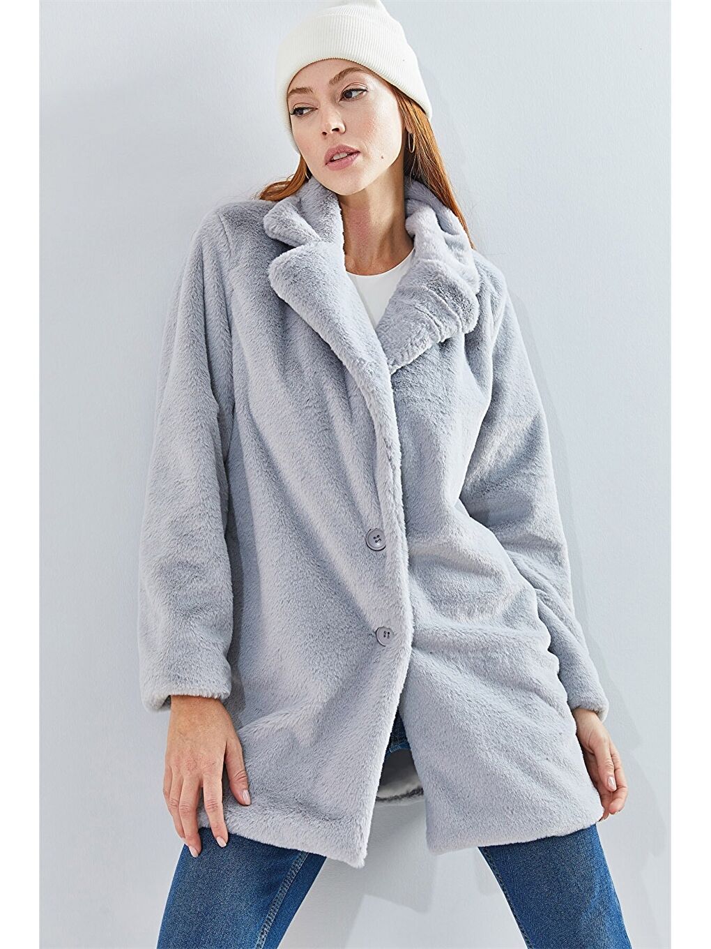 Gri Ceket Yaka Düz Uzun Kollu Pelüş Oversize Kadın Kaban-2