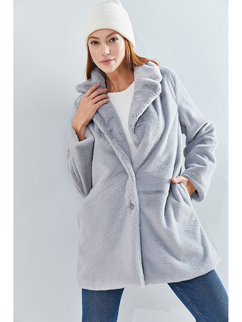 Gri Ceket Yaka Düz Uzun Kollu Pelüş Oversize Kadın Kaban-4