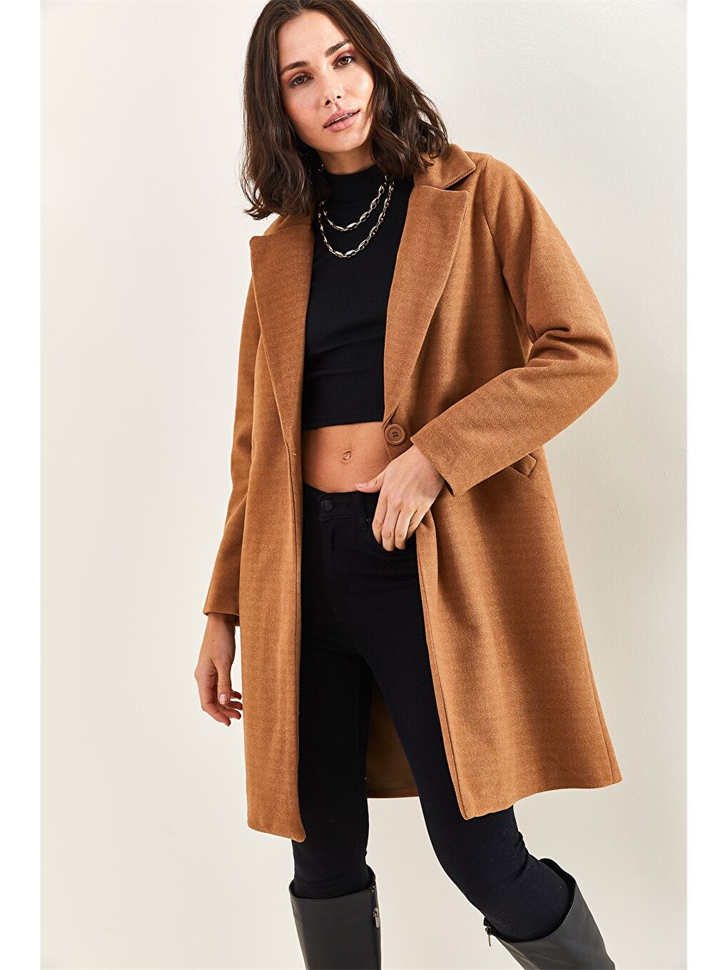 Ekru Ceket Yaka Kadın Kaşe Kaban-1