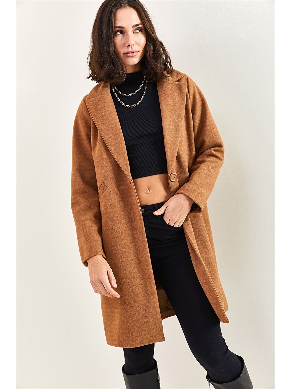 Ekru Ceket Yaka Kadın Kaşe Kaban-2