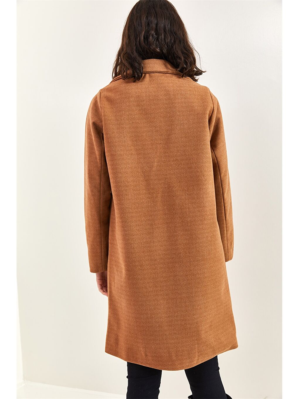 Ekru Ceket Yaka Kadın Kaşe Kaban-3