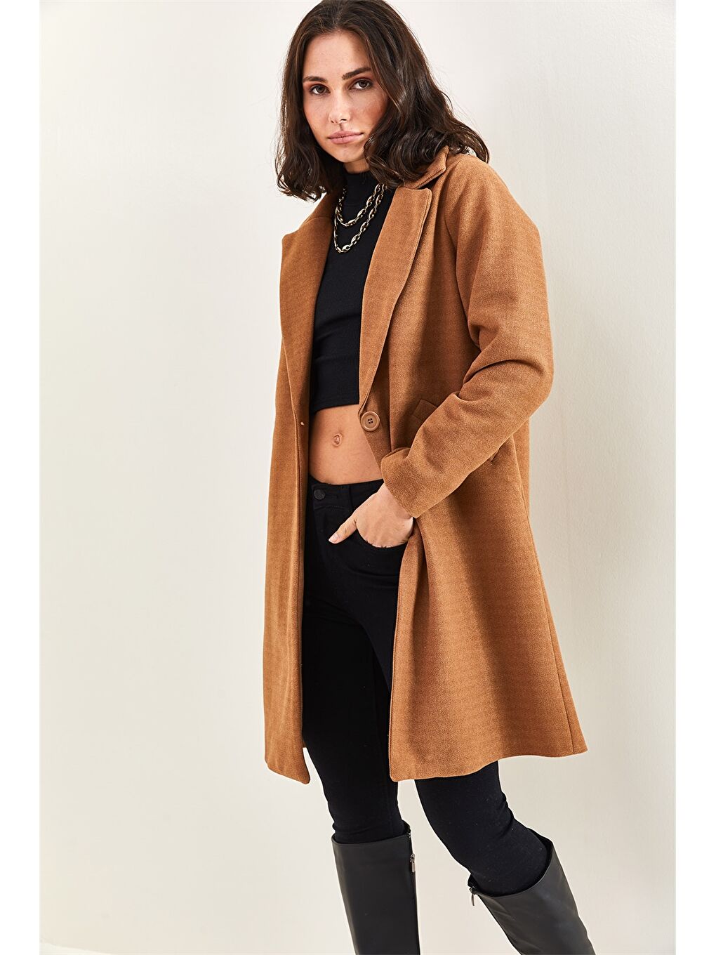 Ekru Ceket Yaka Kadın Kaşe Kaban-4