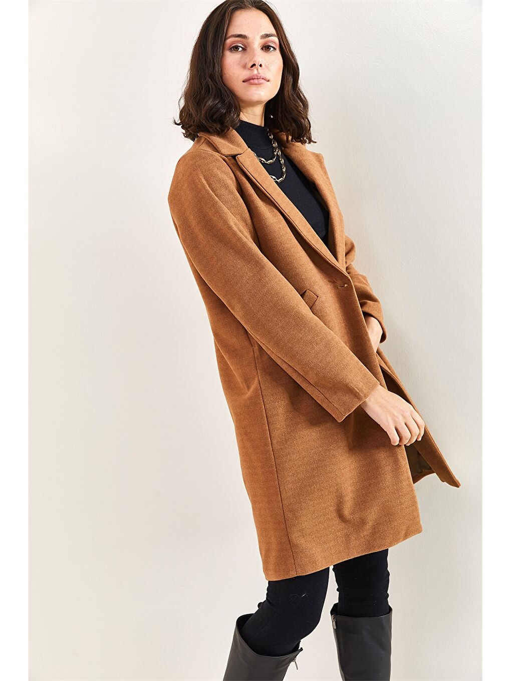 Ekru Ceket Yaka Kadın Kaşe Kaban-5