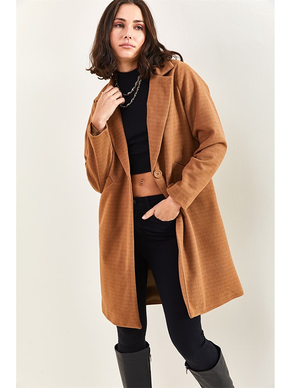 Ekru Ceket Yaka Kadın Kaşe Kaban-6