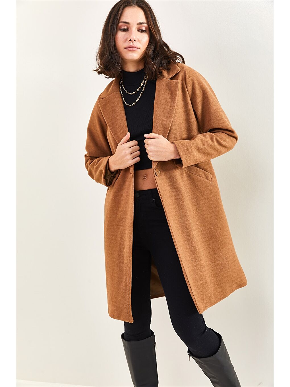 Ekru Ceket Yaka Kadın Kaşe Kaban-7