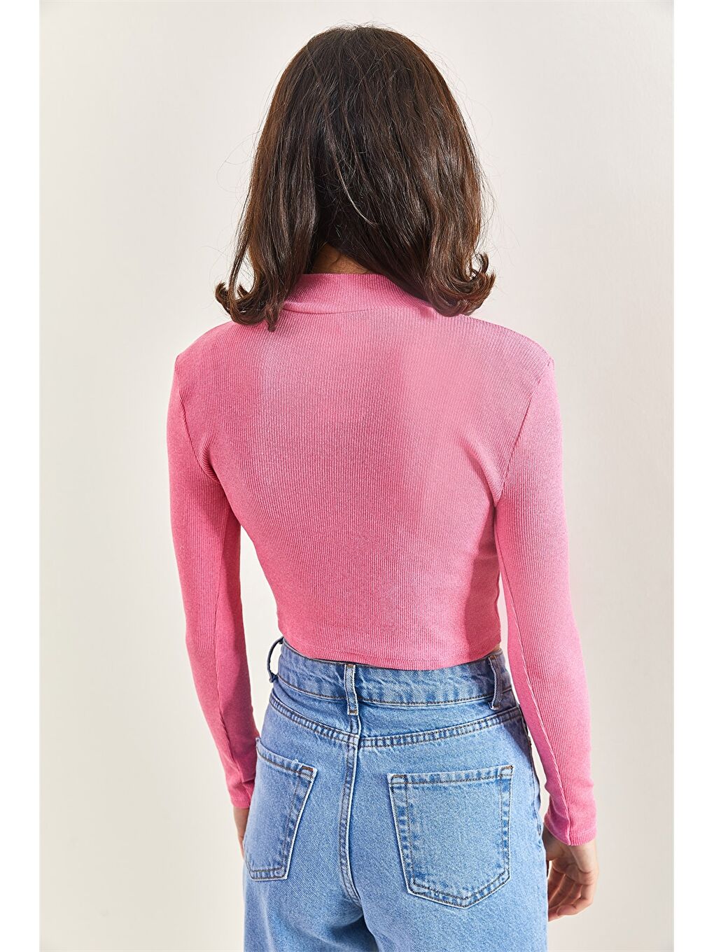 Pembe Dik Yaka Düz Uzun Kollu Kadın Bluz-1