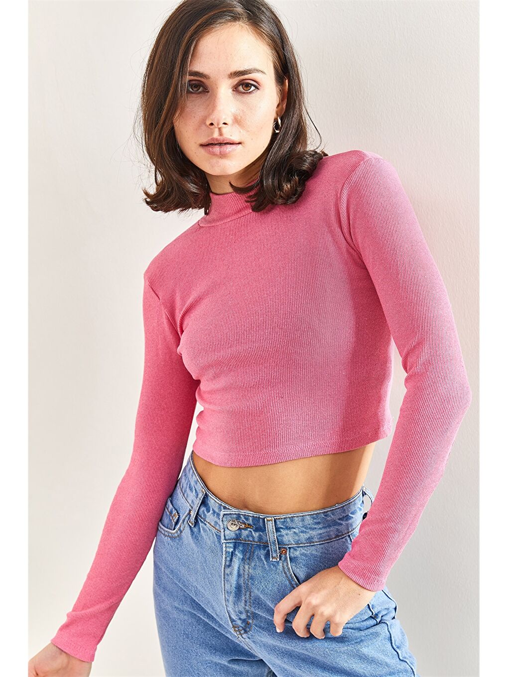 Pembe Dik Yaka Düz Uzun Kollu Kadın Bluz-2