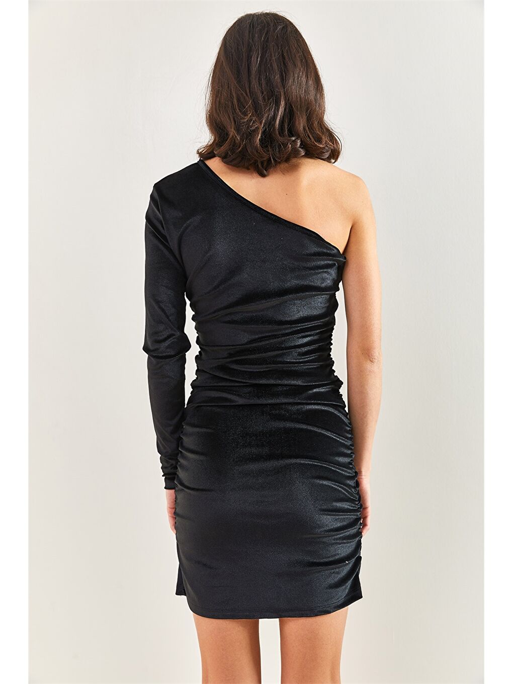 Siyah Tek Omuz Düz Kadife Kadın Elbise-3