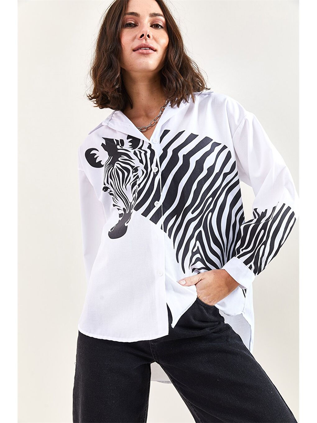 Beyaz Baskılı Uzun Kollu Kadın Gömlek-2