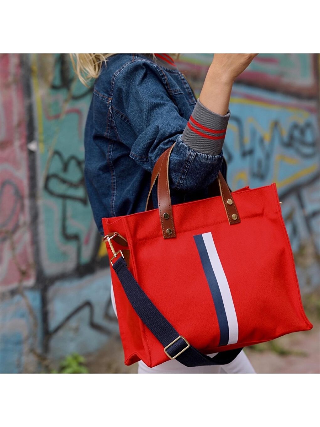 Kırmızı Çizgili Kadın Kol Çantası