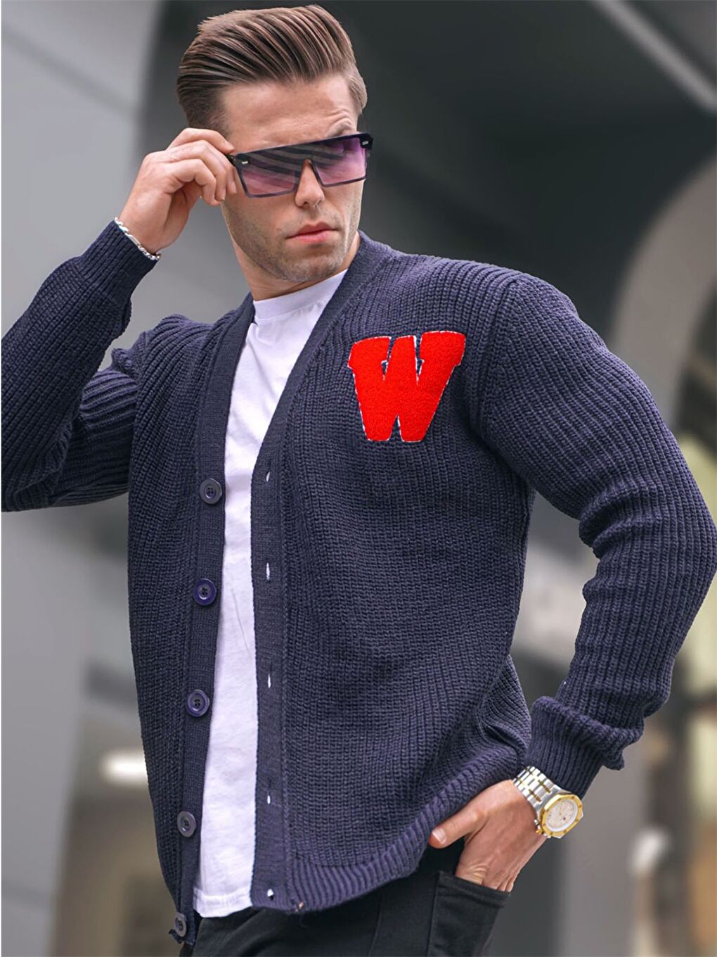 Lacivert Slim Fit Şal Yaka Nakışlı Erkek Triko Hırka