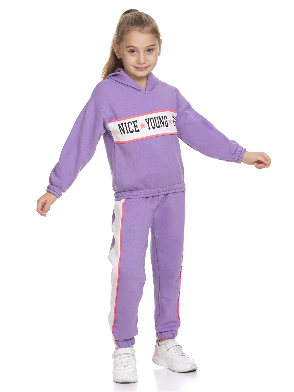 Lila Kapüşonlu Baskılı Uzun Kollu Kız Çocuk Sweatshirt ve Eşofman Altı