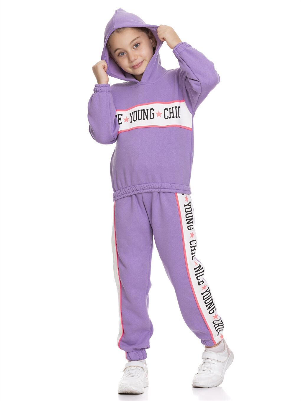 Lila Kapüşonlu Baskılı Uzun Kollu Kız Çocuk Sweatshirt ve Eşofman Altı-1