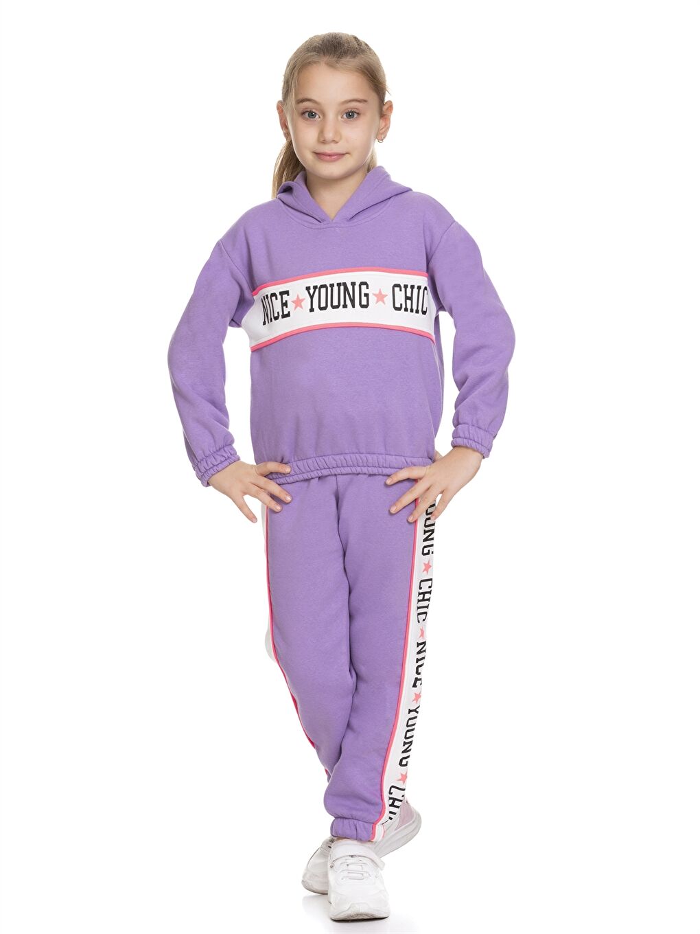 Lila Kapüşonlu Baskılı Uzun Kollu Kız Çocuk Sweatshirt ve Eşofman Altı-2