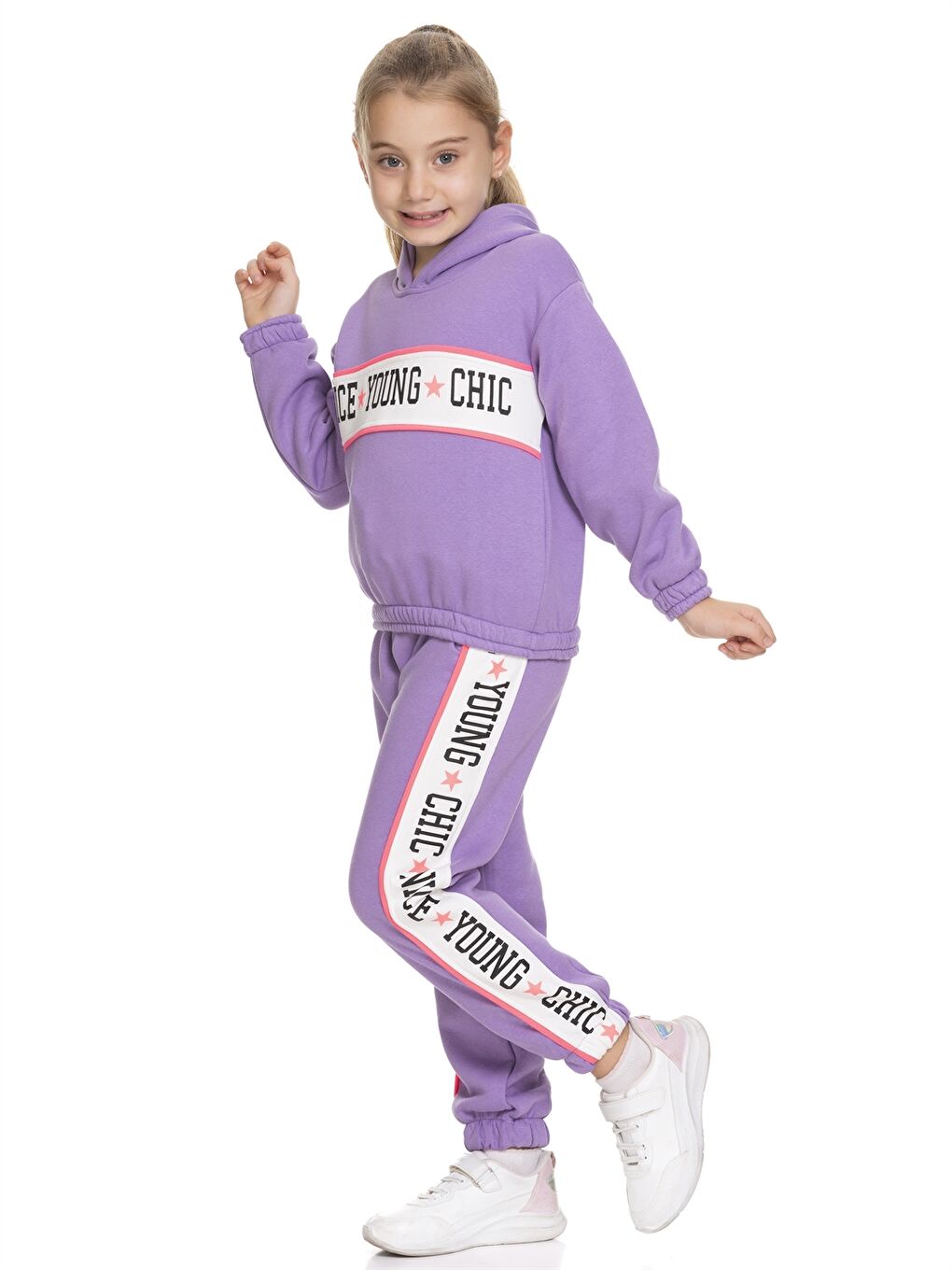 Lila Kapüşonlu Baskılı Uzun Kollu Kız Çocuk Sweatshirt ve Eşofman Altı-3