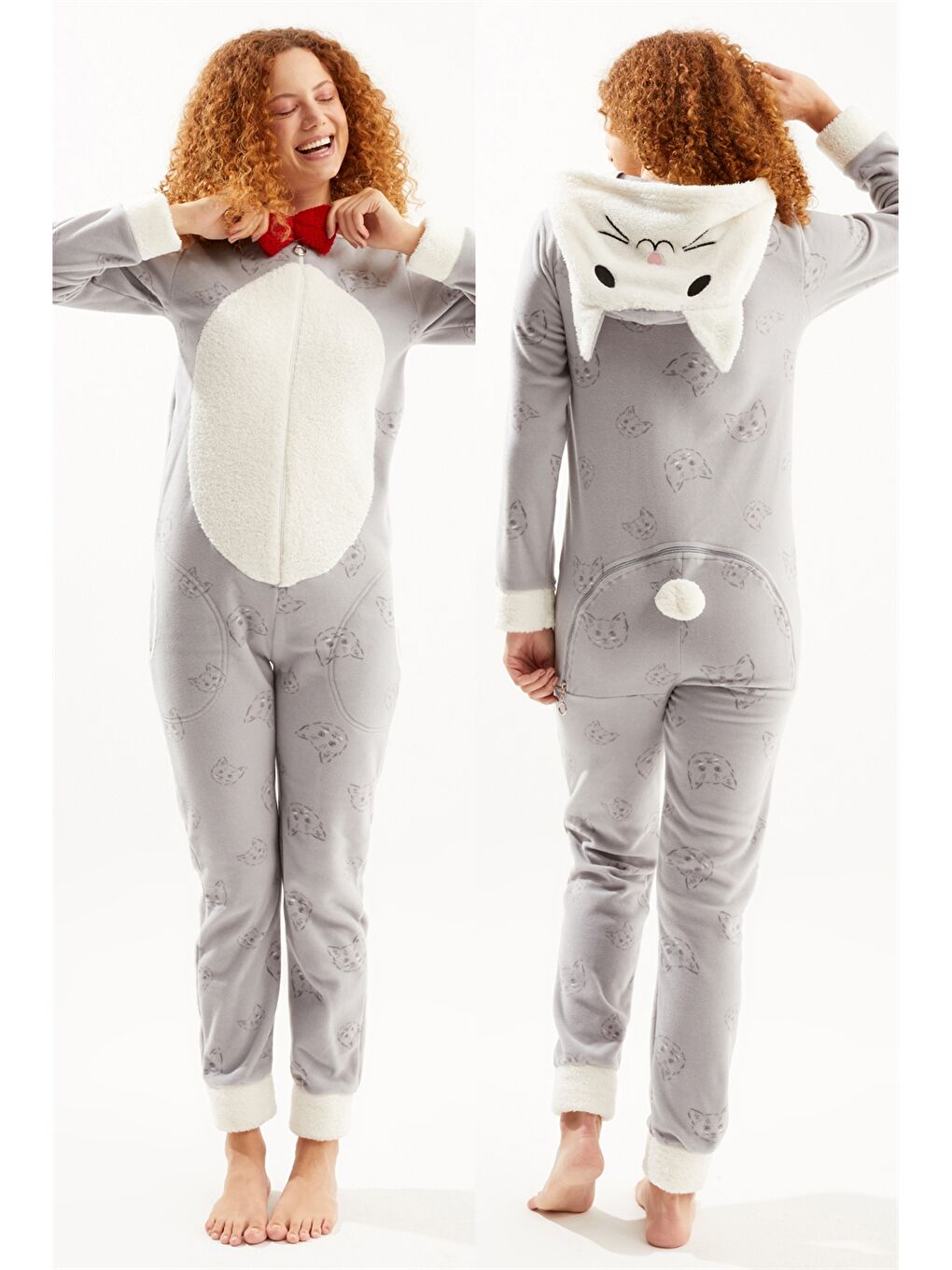 Gri Kapüşonlu Nakışlı Uzun Kollu Pelüş Kadın Uyku Tulumu-2