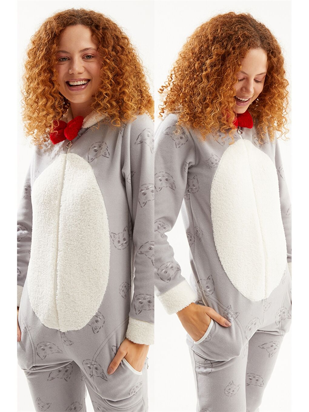 Gri Kapüşonlu Nakışlı Uzun Kollu Pelüş Kadın Uyku Tulumu-3