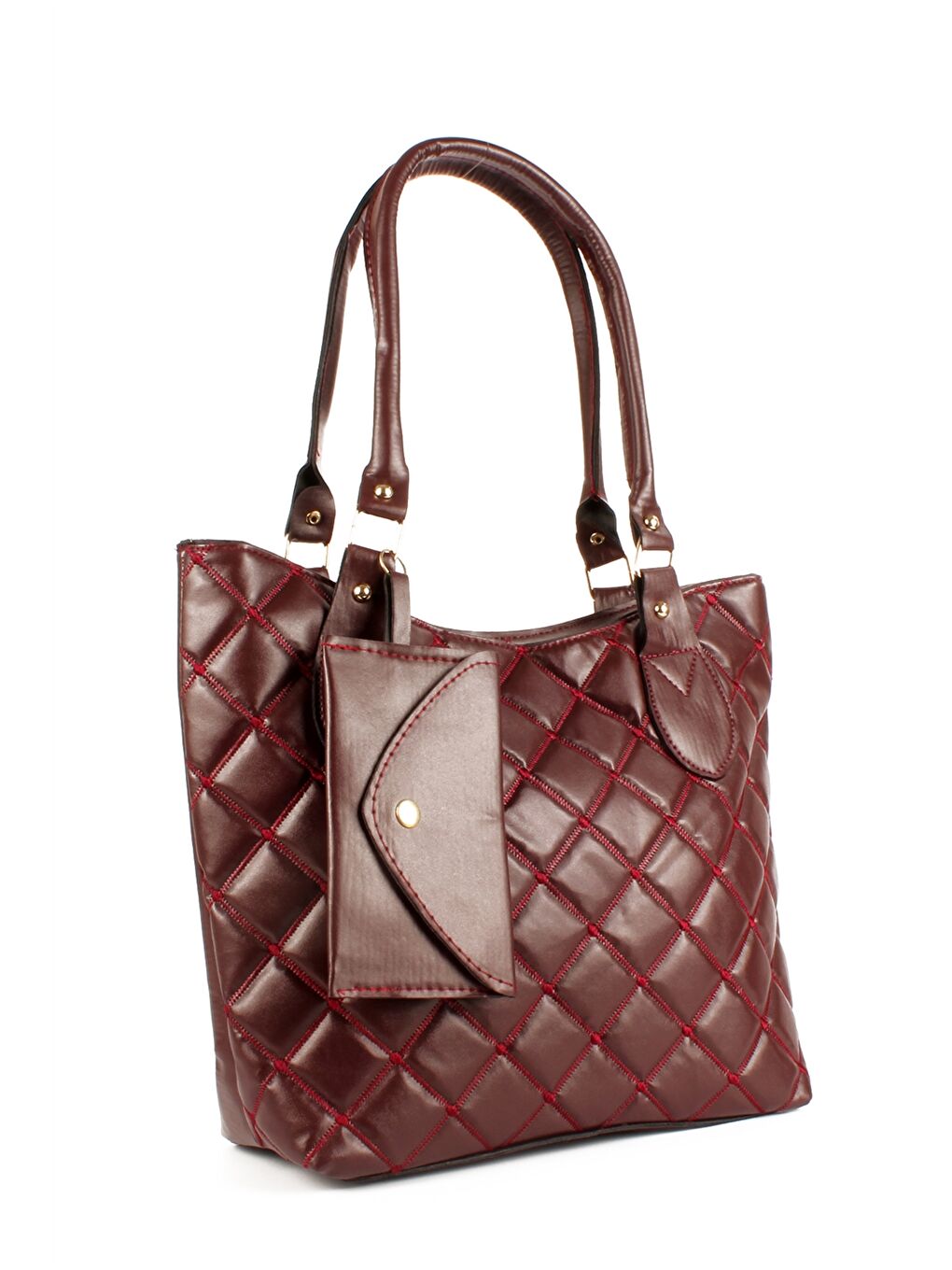 Bordo Deri Görünümlü Kapitoneli Kadın Tote Çanta-1