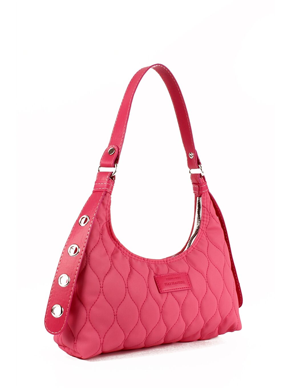 Pembe Etiket Baskılı Kadın Omuz Çantası