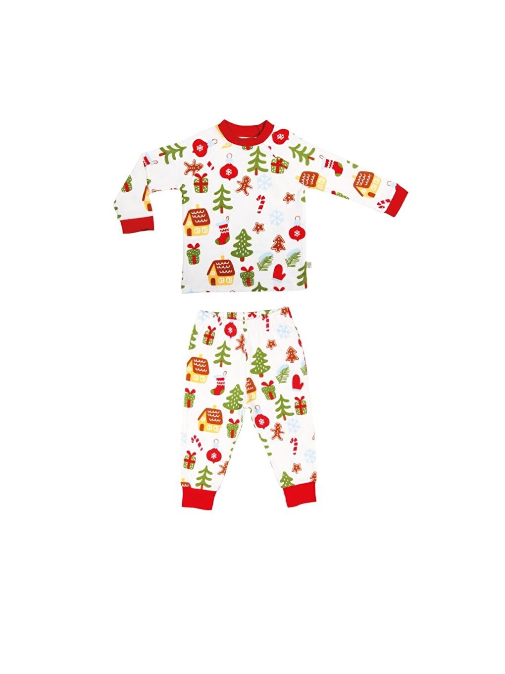 ORGANICKID Beyaz Bisiklet Yaka Uzun Kollu Yılbaşı Temalı Kız Bebek Pijama Takımı - 1