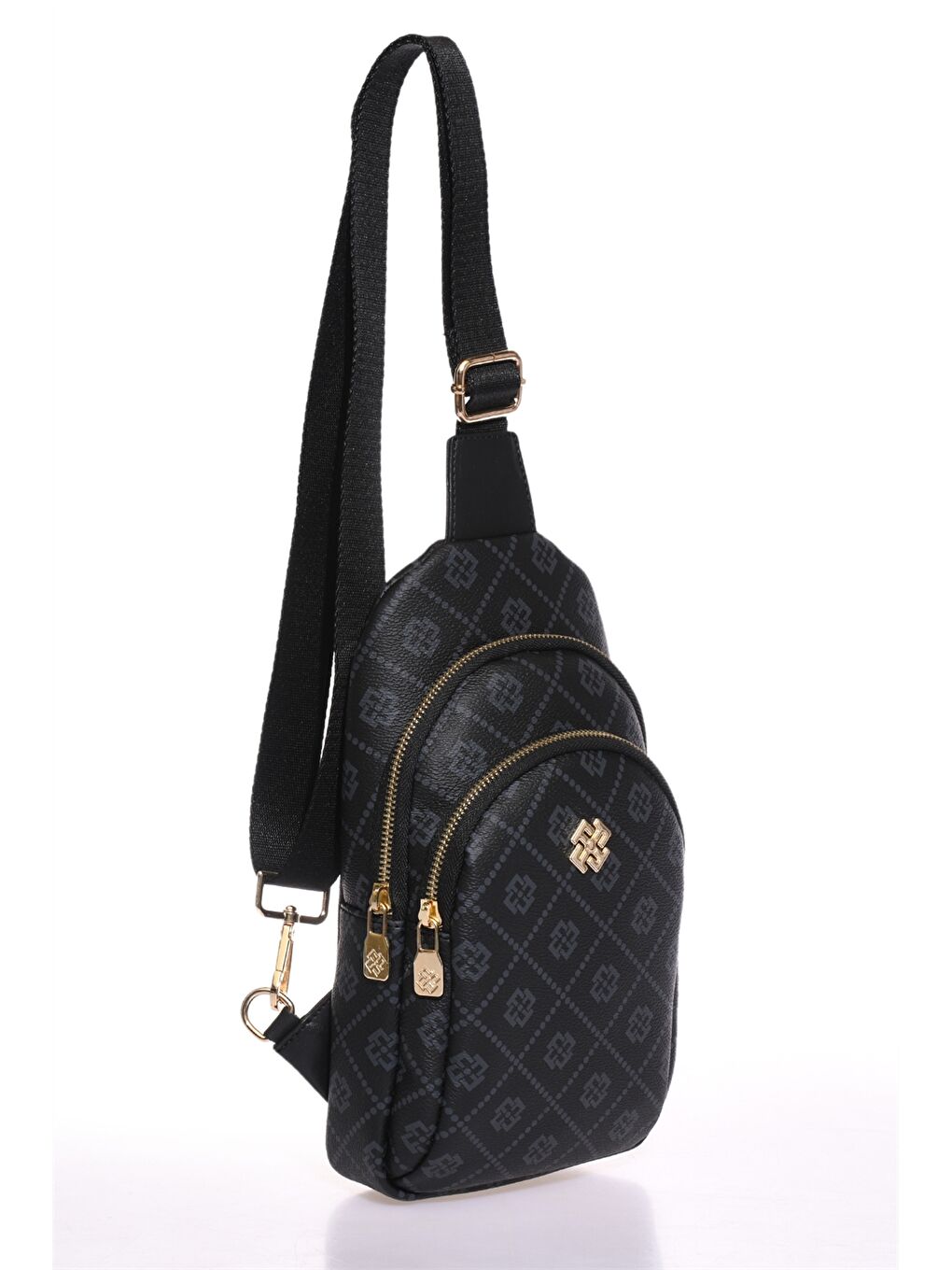 Siyah Deri Görünümlü Baskılı Kadın Göğüs Çantası-1