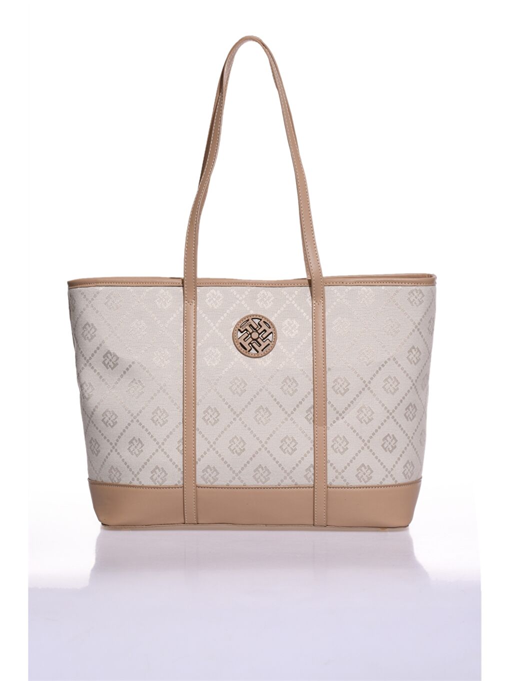 Bej Deri Görünümlü Baskılı Kadın Tote Çanta