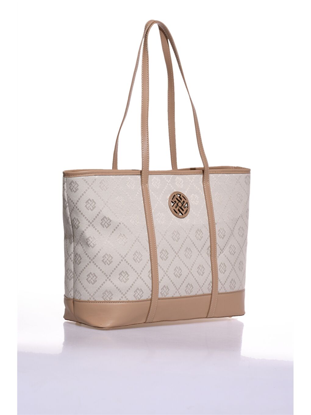 Bej Deri Görünümlü Baskılı Kadın Tote Çanta-1