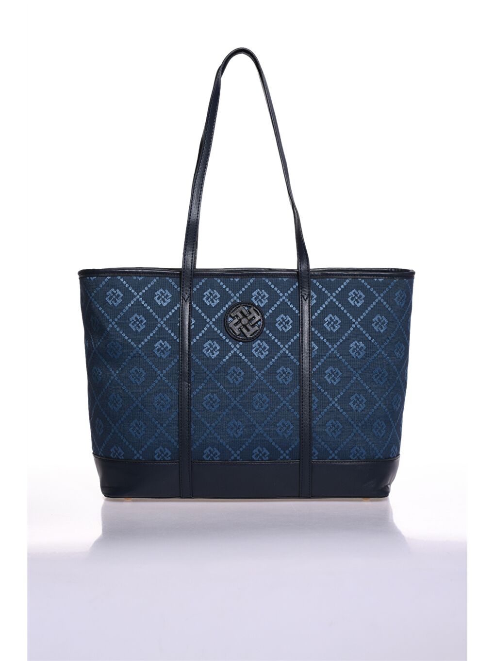 Mavi Deri Görünümlü Baskılı Kadın Tote Çanta